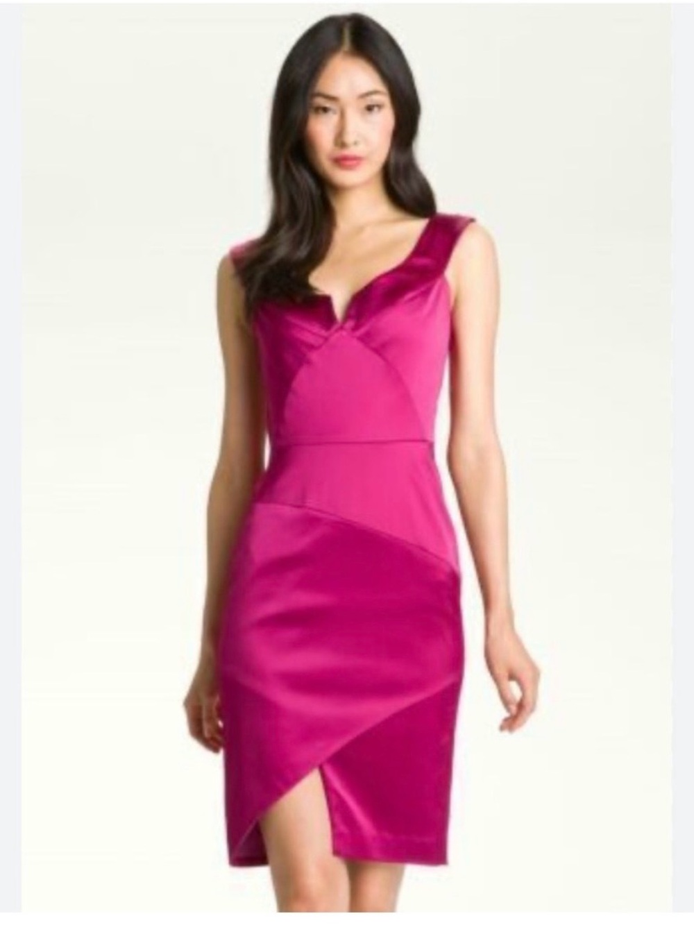 Black Halo Fuchsia Satin Notch-Neck Midi Dress
